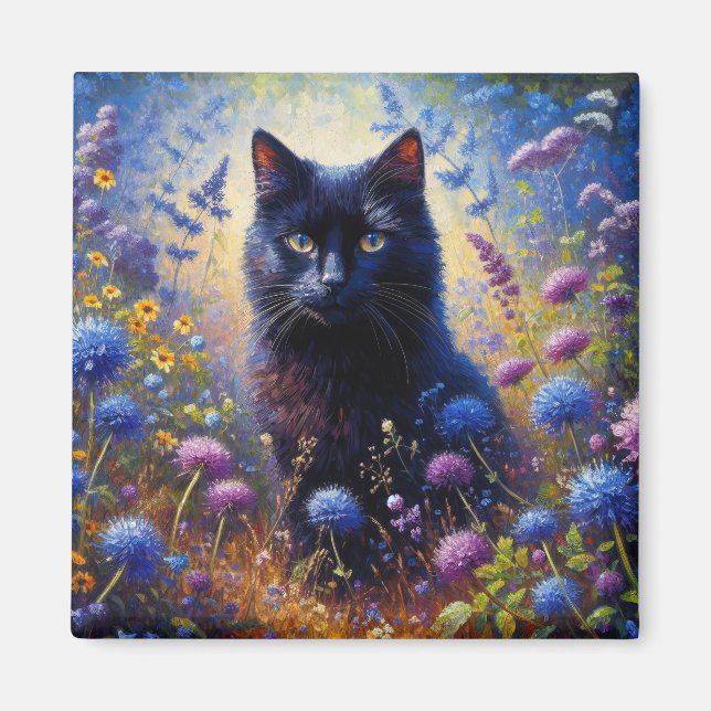 Íman Pintura a óleo de gata e flores silvestres púrpura (Frente)