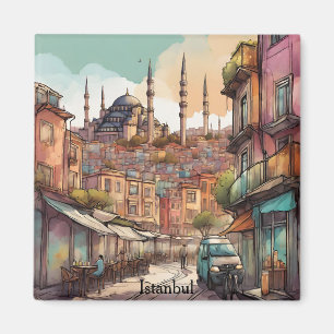 Íman Pintura Colorida da Cidade de Istambul aquarela