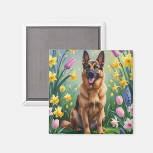 Íman Pintura das flores da primavera do german shepherd