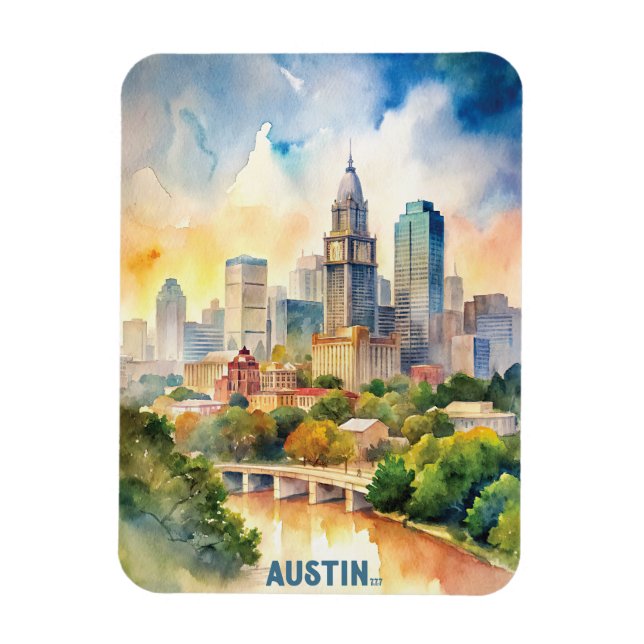 Íman Pintura de Aquarela da Cidade de Austin (Vertical)