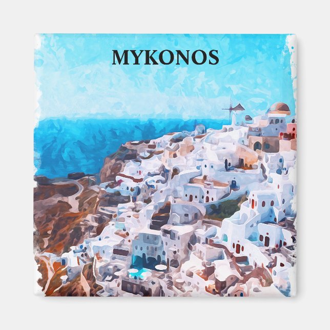 Íman Pintura de Aquarela de Grécia Mykonos (Frente)