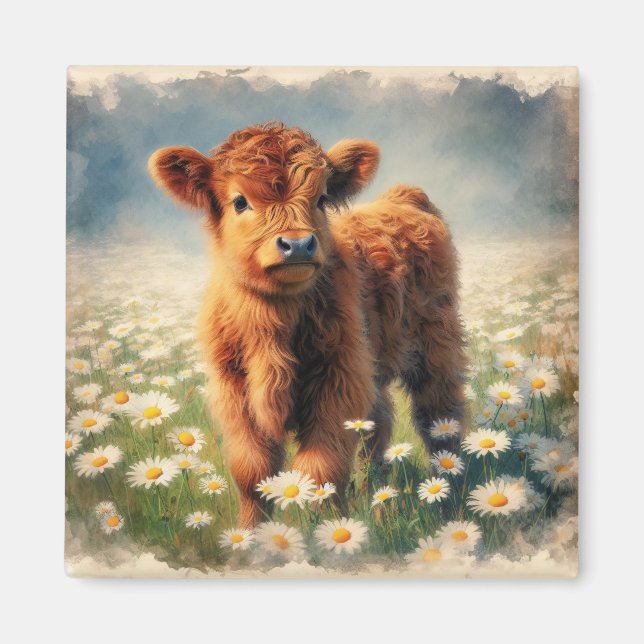 Íman Pintura de Aquarela Vintage, Vintage Cow Calf (Frente)