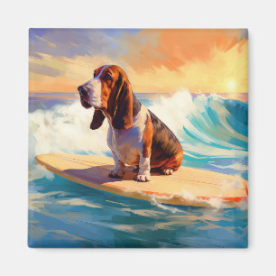 Íman Pintura de Basset Hound Surfando na Praia