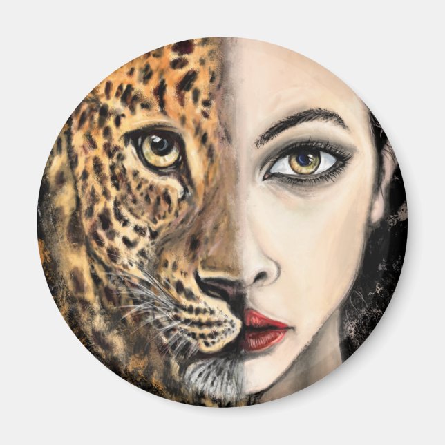 Íman Pintura de Fantasia com a Menina-Leopardo (Frente)