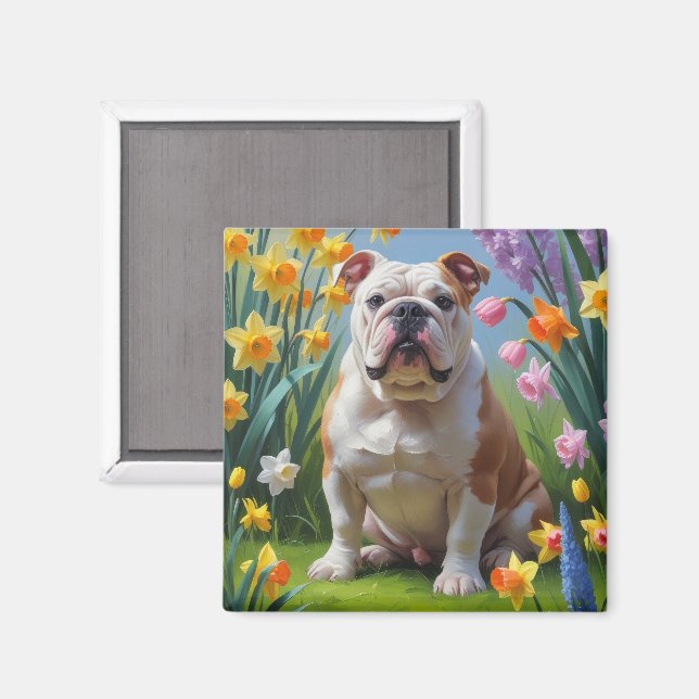 Íman Pintura de Flores da Primavera Bulldog (Front/Back)