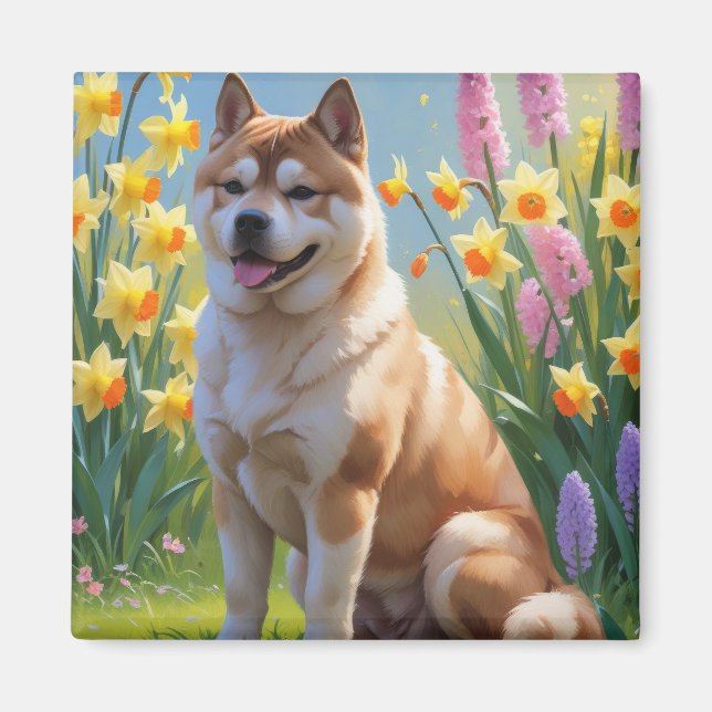 Íman Pintura de Flores da Primavera do Cão Akita (Frente)