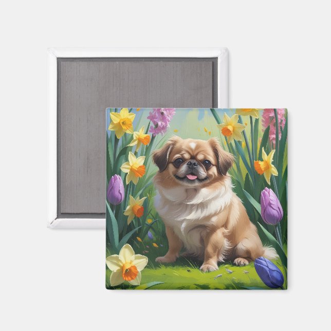Íman Pintura de Flores da Primavera do Cão Pequinês (Front/Back)