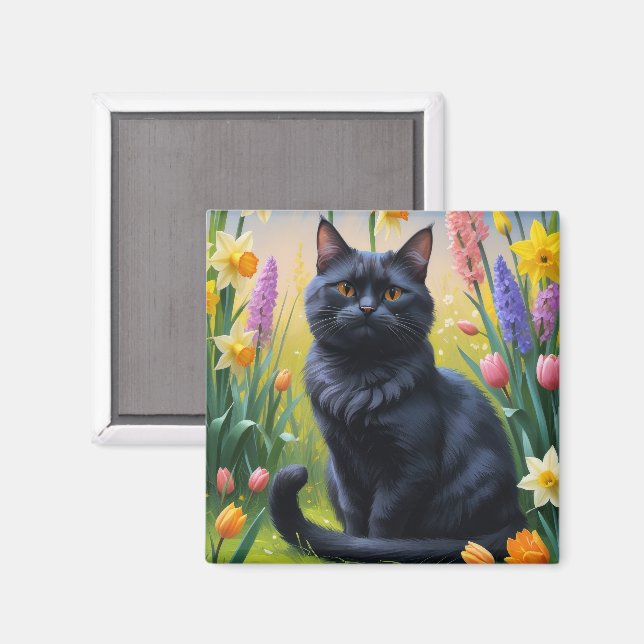 Íman Pintura de Flores da Primavera do Gato Preto (Front/Back)