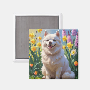 Íman Pintura de Flores de Cachorro Eskimo Americano