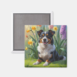 Íman Pintura de Flores de Cão Kelpie Australiano