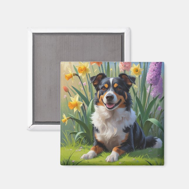 Íman Pintura de Flores de Cão Kelpie Australiano (Front/Back)