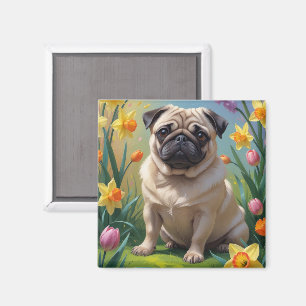 Íman Pintura de Flores de Primavera com Cachorro Pug