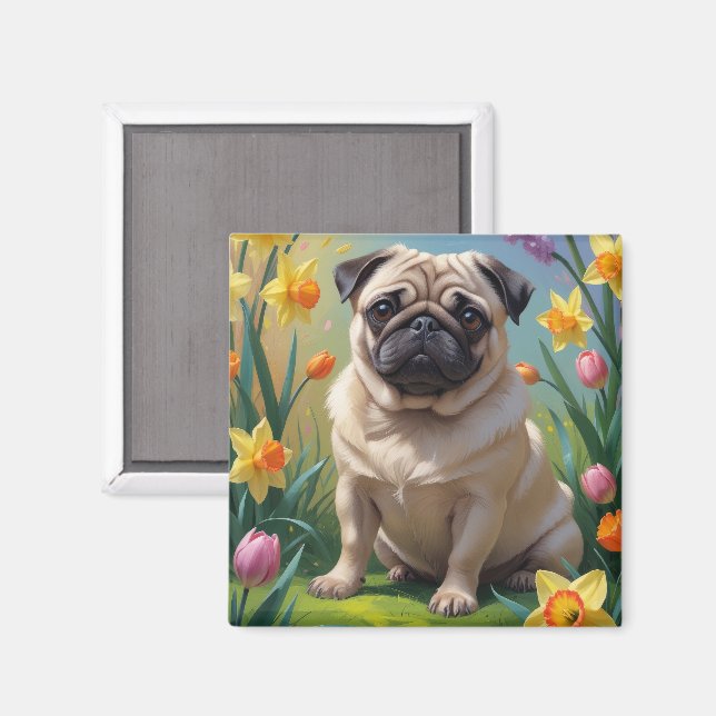 Íman Pintura de Flores de Primavera com Cachorro Pug (Front/Back)