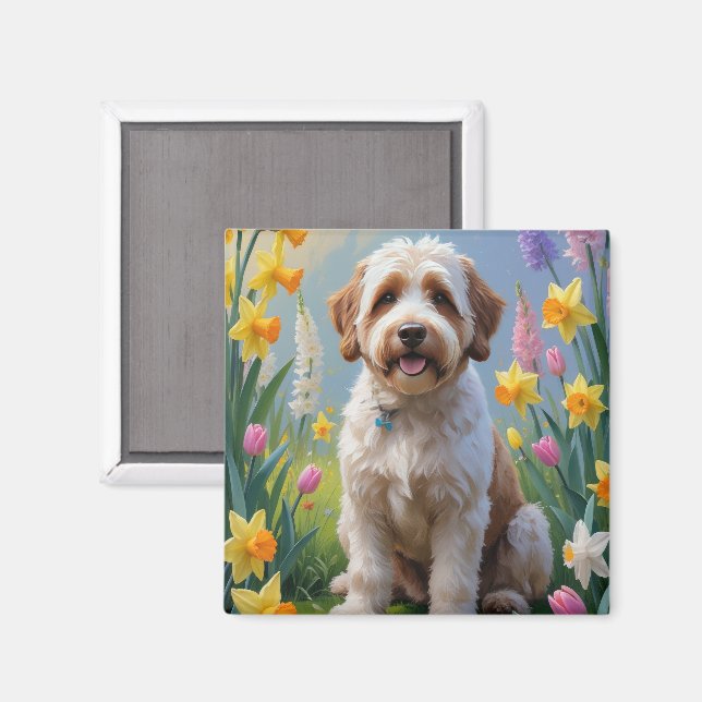 Íman Pintura de Flores de Primavera de Bernedoodle  (Front/Back)