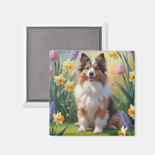 Íman Pintura de Flores de Primavera de Shetland Sheepdo