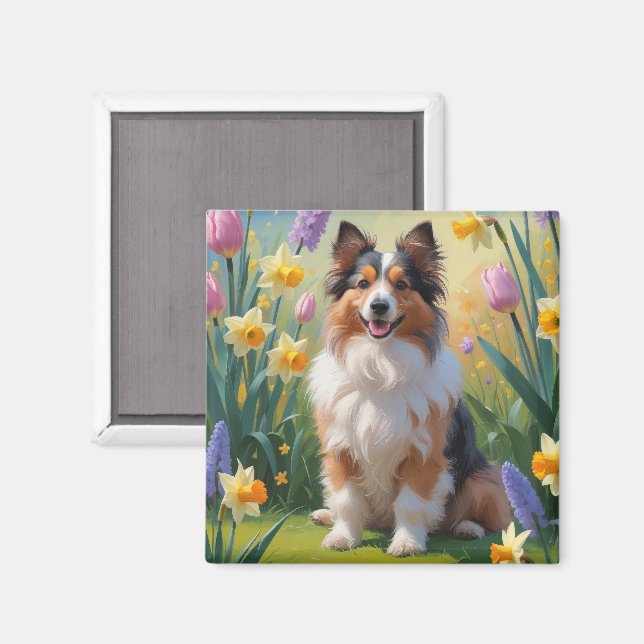Íman Pintura de Flores de Primavera de Shetland Sheepdo (Front/Back)
