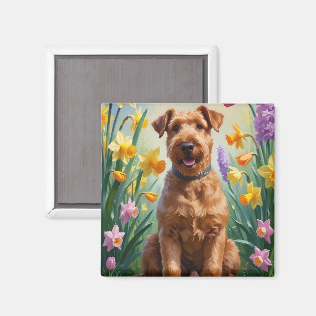 Íman Pintura de Flores de Primavera do Cão Airedale (Front/Back)