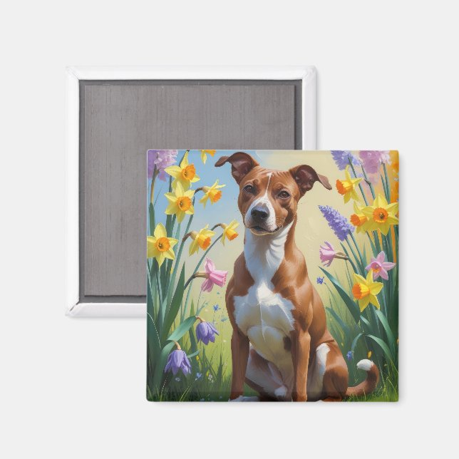 Íman Pintura de Flores de Primavera do Cão Basenji  (Front/Back)