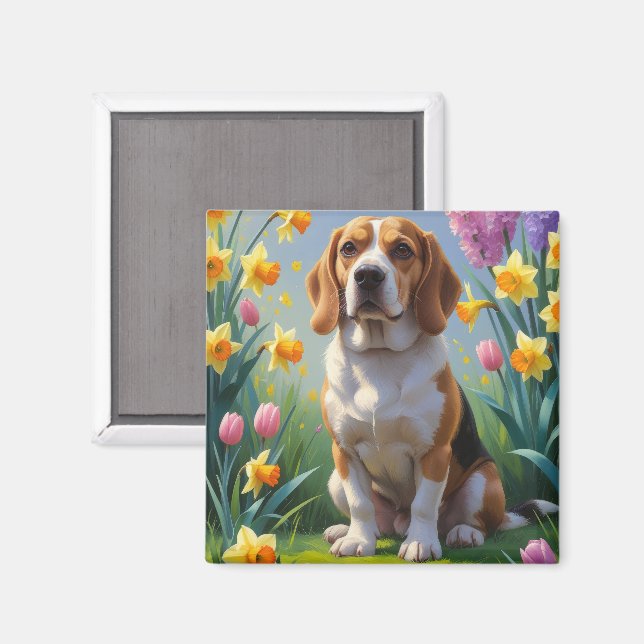 Íman Pintura de Flores de Primavera do Cão Beagle  (Front/Back)