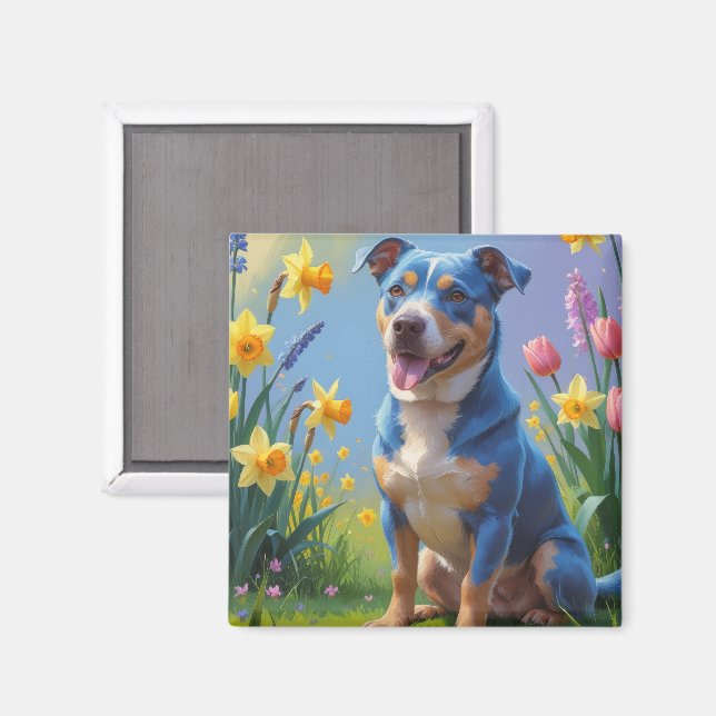 Íman Pintura de Flores de Primavera do Cão Blue Heeler  (Front/Back)