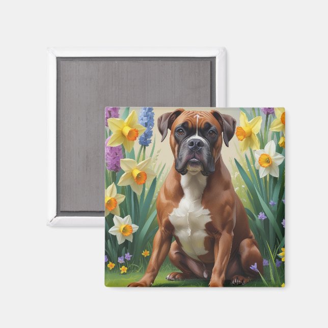 Íman Pintura de Flores de Primavera do Cão Boxer (Front/Back)