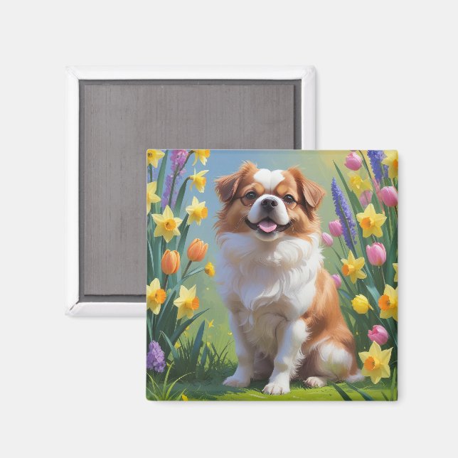 Íman Pintura de Flores de Primavera do Cão Chinês Japon (Front/Back)