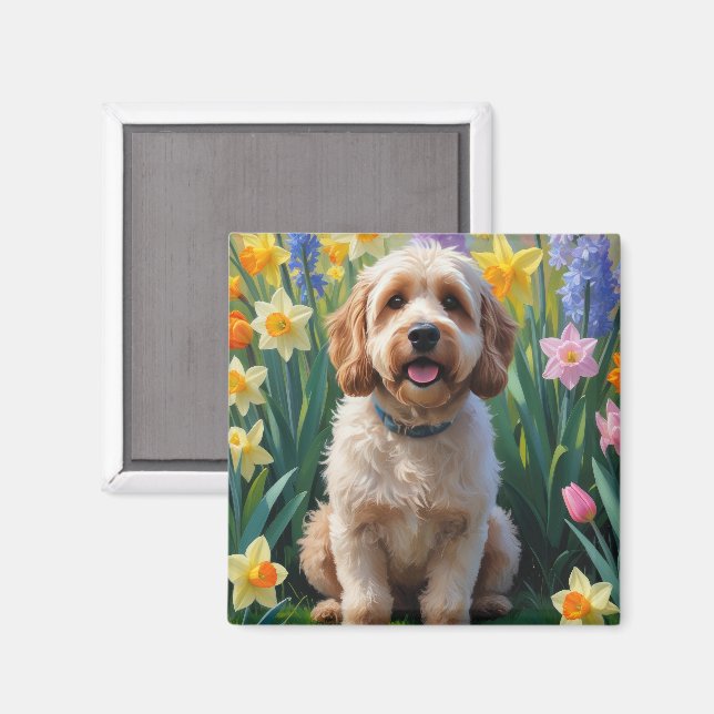 Íman Pintura de Flores de Primavera do Cão Cockapoo (Front/Back)