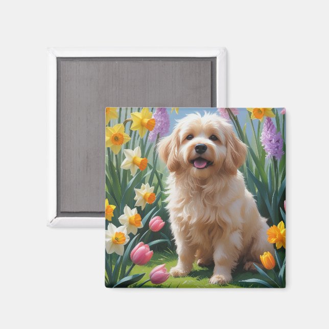 Íman Pintura de Flores de Primavera do Cão Coton De Tul (Front/Back)