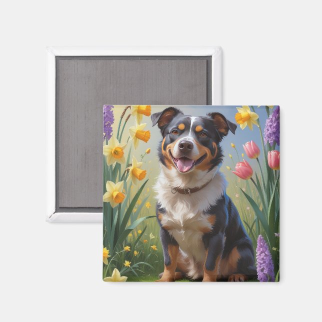 Íman Pintura de Flores de Primavera do Cão de Gado Aust (Front/Back)