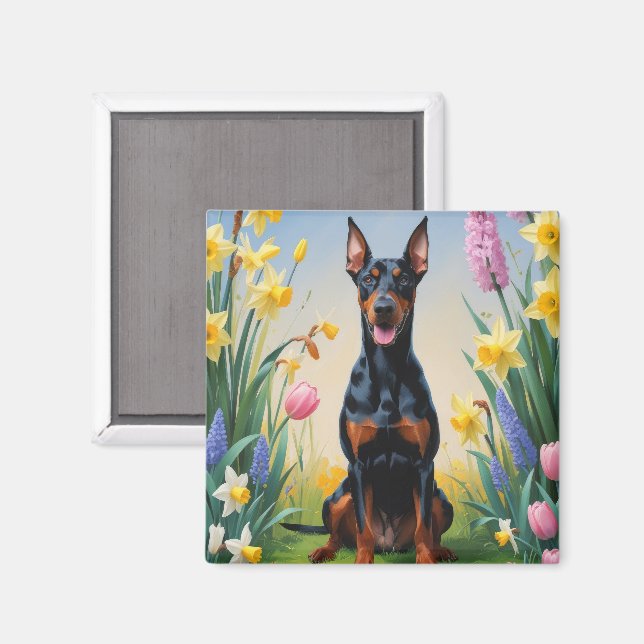 Íman Pintura de Flores de Primavera do Cão Doberman (Front/Back)