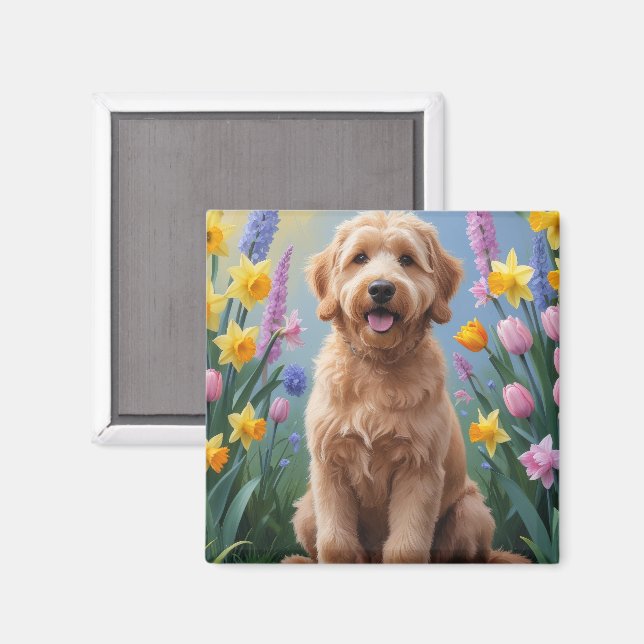 Íman Pintura de Flores de Primavera do Cão Goldendoodle (Front/Back)