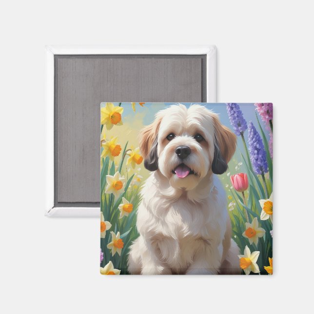 Íman Pintura de Flores de Primavera do Cão Lhasa Apso  (Front/Back)