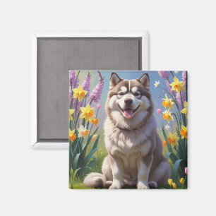 Íman Pintura de Flores de Primavera do Cão Malamute do