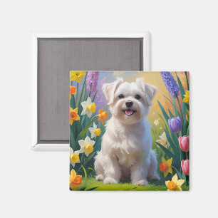 Íman Pintura de Flores de Primavera do Cão Maltês