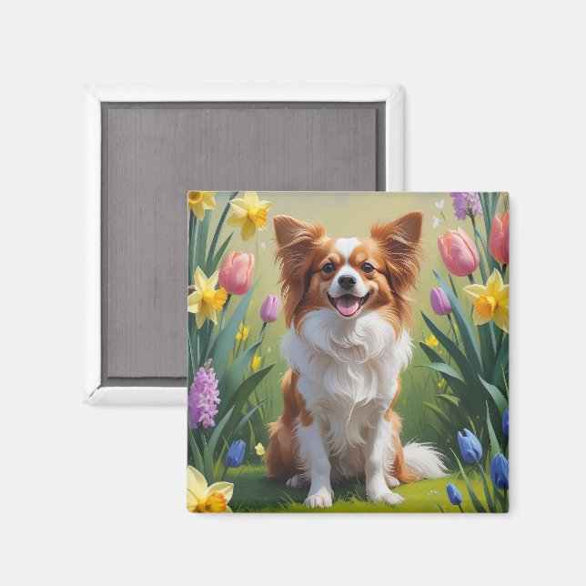 Íman Pintura de Flores de Primavera do Cão Papillon (Front/Back)