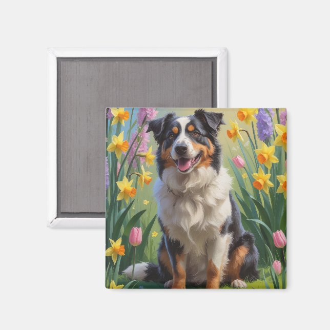 Íman Pintura de Flores de Primavera do Cão Pastor Austr (Front/Back)