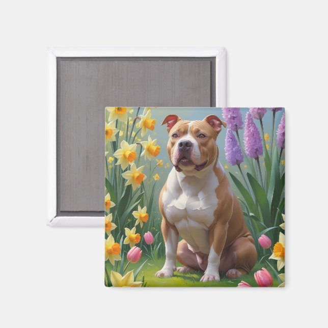 Íman Pintura de Flores de Primavera do Cão Pitbull (Front/Back)