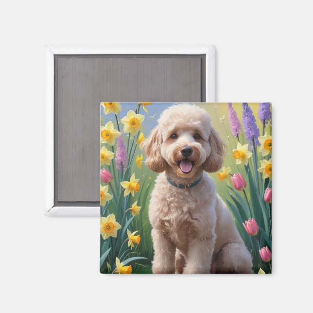 Íman Pintura de Flores de Primavera do Cão Poodle (Front/Back)