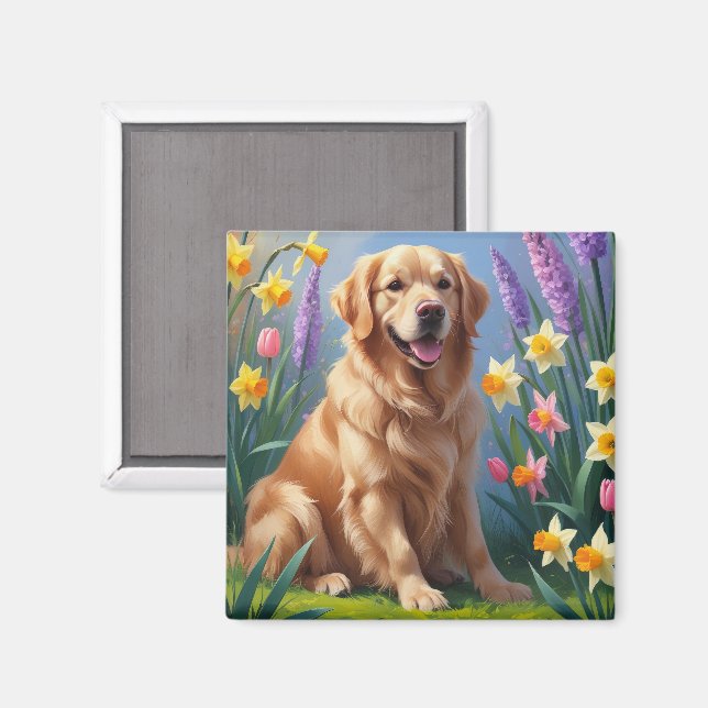 Íman Pintura de Flores de Primavera do Cão Retriever Do (Front/Back)