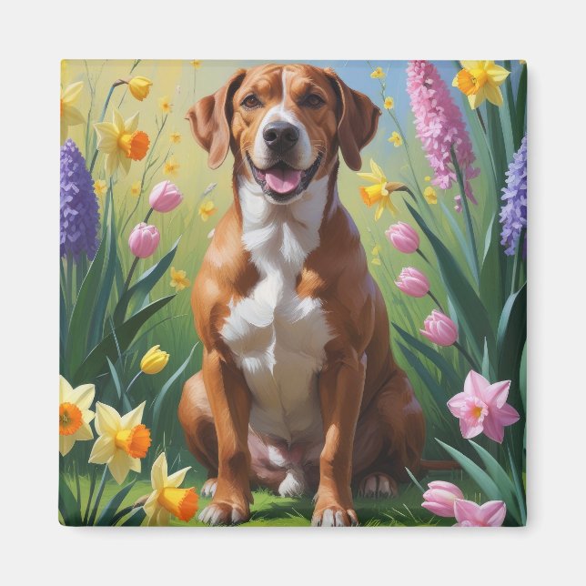 Íman Pintura de Flores de Primavera do Cão Ridgeback da (Frente)