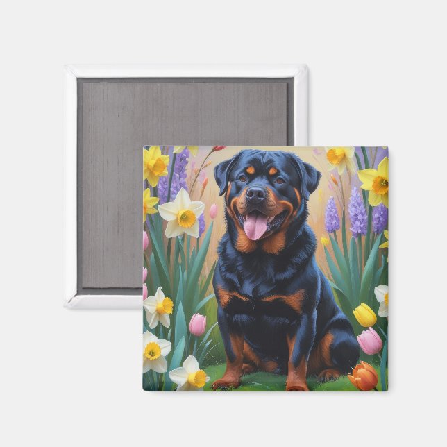 Íman Pintura de Flores de Primavera do Cão Rottweiler (Front/Back)