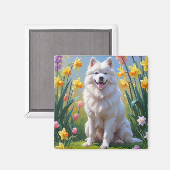 Íman Pintura de Flores de Primavera do Cão Samoyed  (Front/Back)