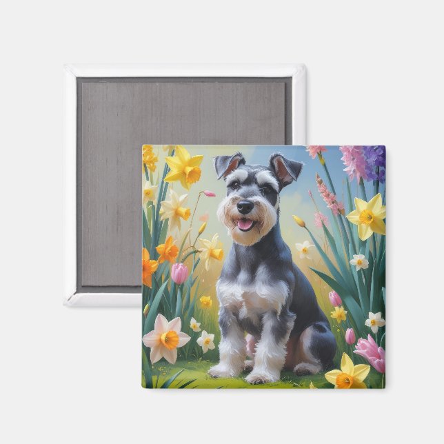 Íman Pintura de Flores de Primavera do Cão Schnauzer (Front/Back)