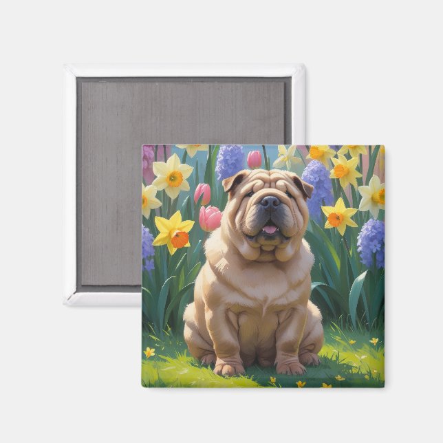 Íman Pintura de Flores de Primavera do Cão Shar Pei (Front/Back)