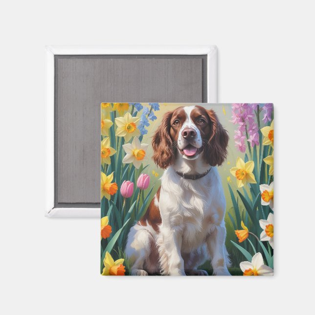 Íman Pintura de flores de primavera do cão Springer Spa (Front/Back)