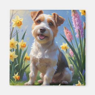 Íman Pintura de Flores de Primavera do Cão Terrier Biew