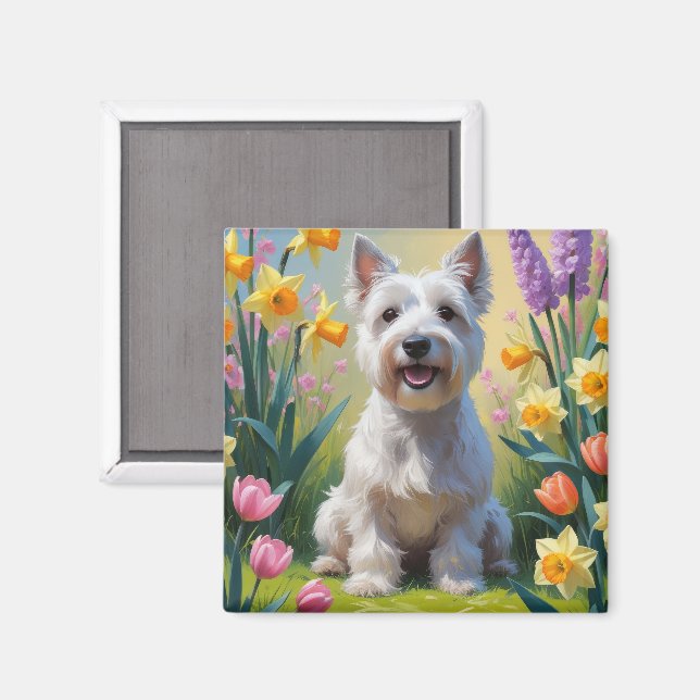 Íman Pintura de Flores de Primavera do Cão Terrier Skye (Front/Back)
