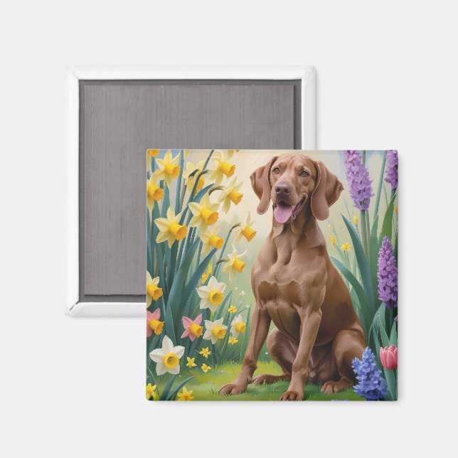 Íman Pintura de Flores de Primavera do Cão Vizsla (Front/Back)