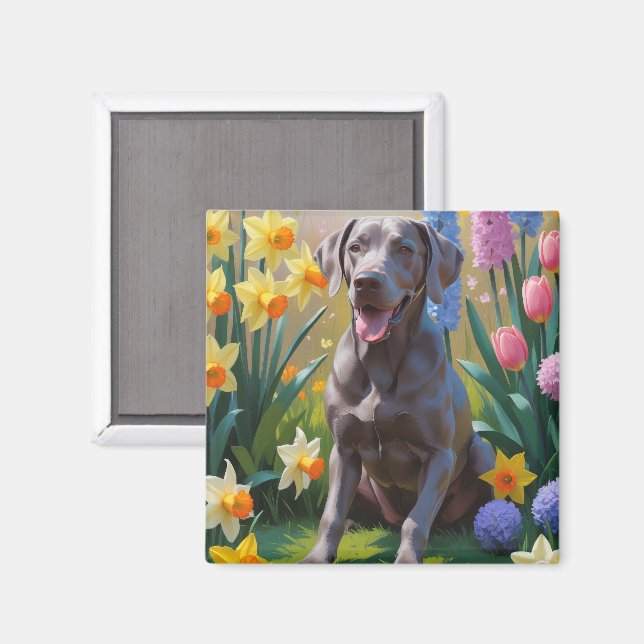 Íman Pintura de Flores de Primavera do Cão Weimaraner  (Front/Back)