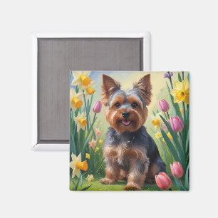 Íman Pintura de flores de primavera do cão Yorkshire Te